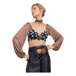 Saks Potts Sophie Cropped Polka Dot Blouse Black White Brown Long Sleeve XS